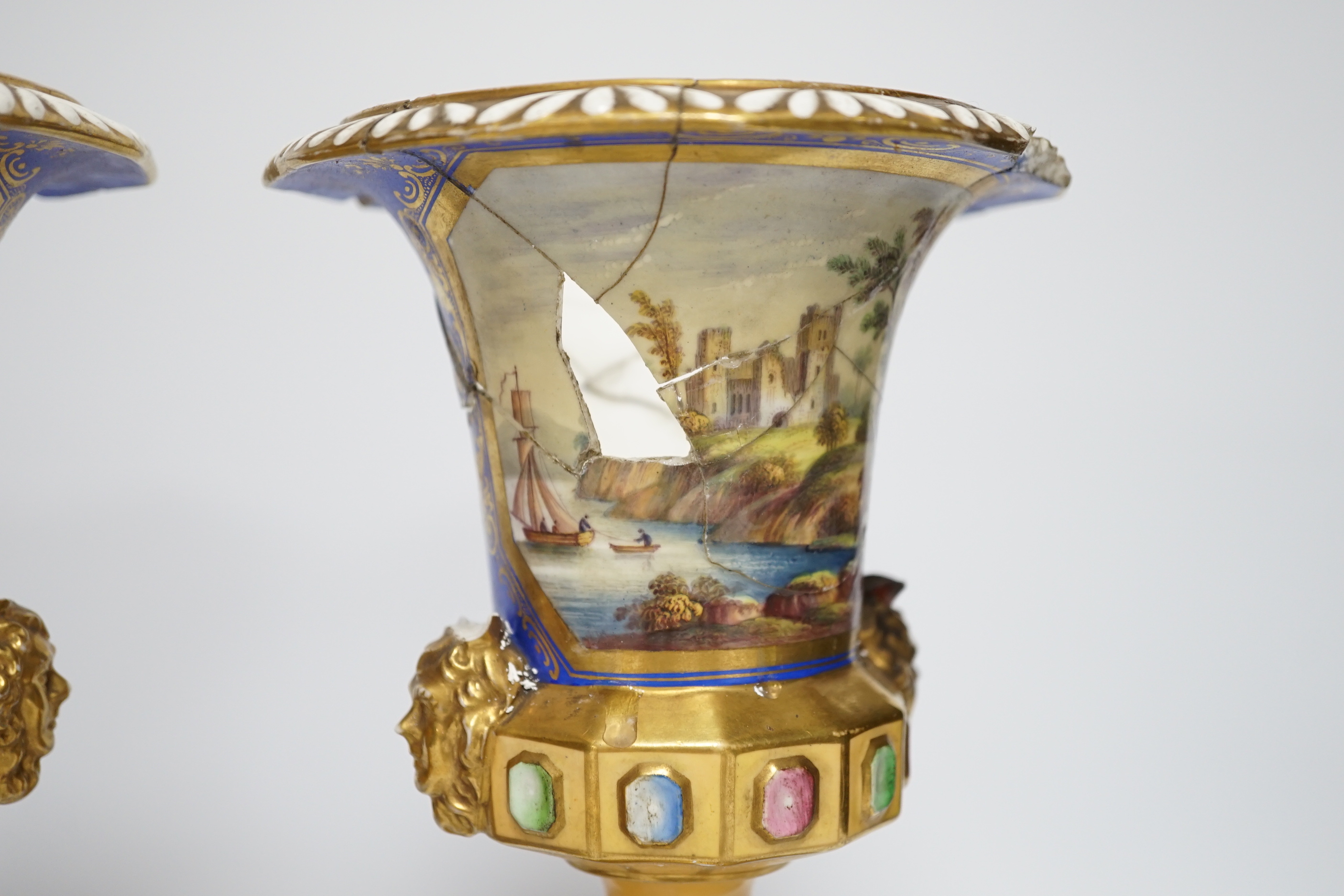 A pair of early 19th century vases - in need of restoration, 25cm